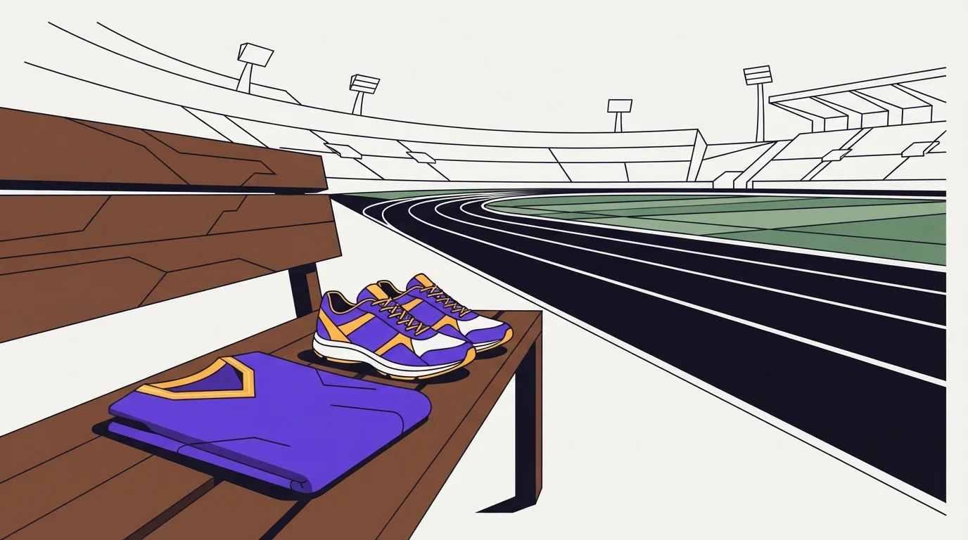 Laufschuhe und ein gefaltetes Sporttrikot auf einer Bank an einer Laufbahn