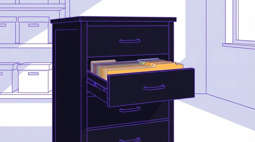 Ein hölzerner Aktenschrank mit farbigen Papierregistern in einer geöffneten Schublade