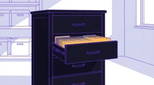 Ein hölzerner Aktenschrank mit farbigen Papierregistern in einer geöffneten Schublade
