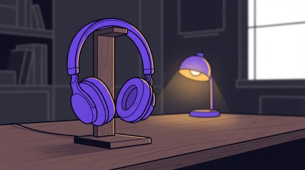 Ein Headset auf einem Schreibtisch neben einer Tischlampe