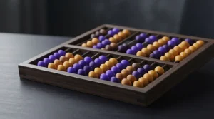 Ein Rechenrahmen mit farbigen Holzperlen auf einem Schreibtisch