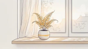 Ein junger Farn in einem Keramiktopf auf einer hellen Fensterbank